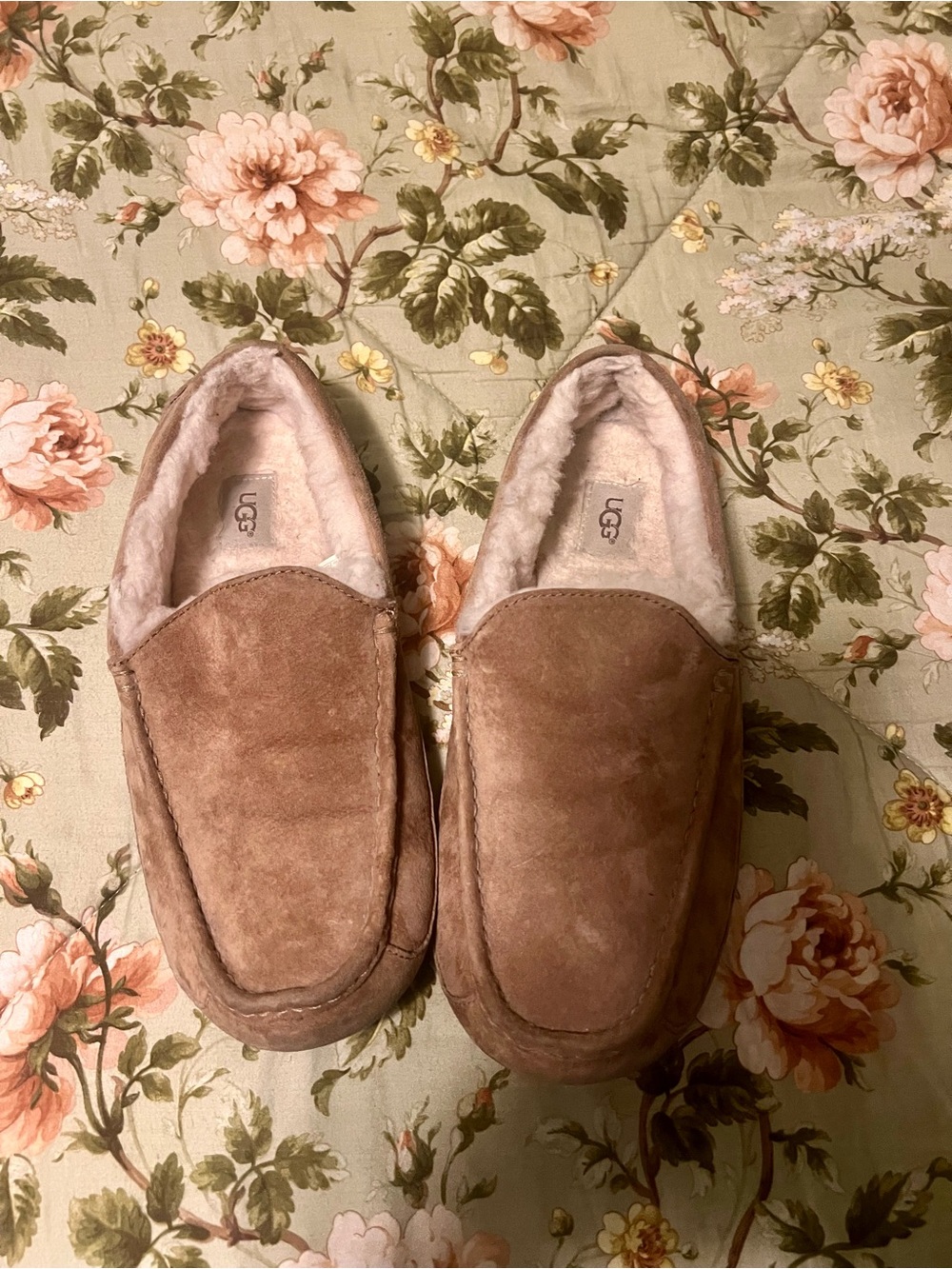 UGG Men's Tan Suede Slip-On Loafers with Shearling Lining